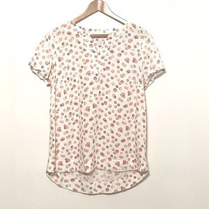 Talbots Cream Orange Tan Watercolor Print Split V Neck Short Sleeve Top Size Mp